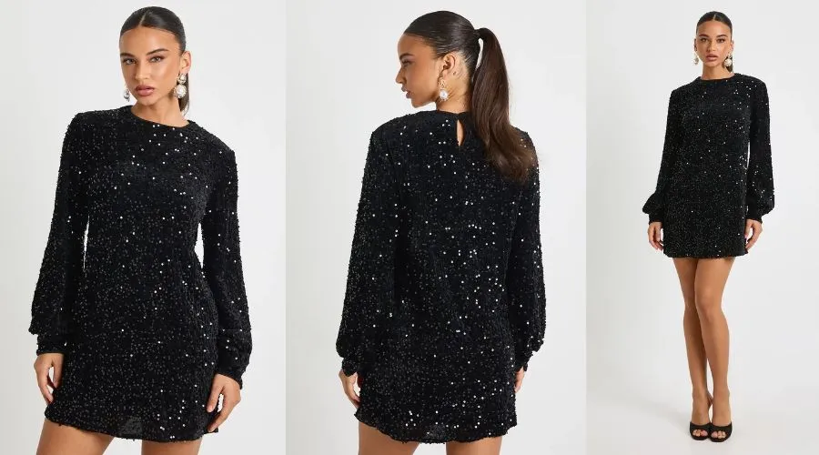 Sequin Blouson Sleeve Shift Party Dress