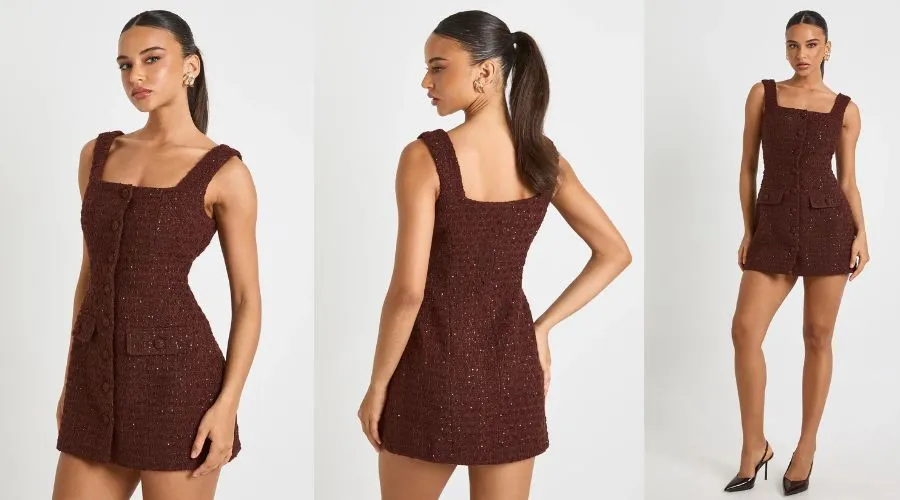 Sequin Boucle Square Neck Tailored Mini Dress